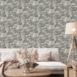 Papier peint vinyle intissé Villa Rosalie Lutece mat et satiné fleurs gris, noir, blanc l.1005 x l.53 cm