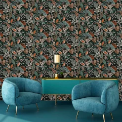 Papier peint vinyle intissé Sejours & Chambres Lutece mat et satiné feuilles vert, bleu vert, orange, cuivre l.1005 x l.53 cm