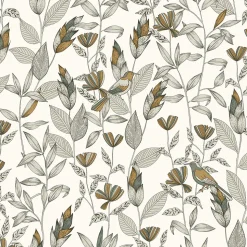 Papier peint vinyle intissé feuillage Little bird vert et jaune moutarde L.1005 x l.53cm Lutèce