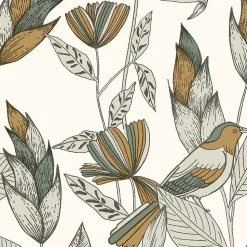 Papier peint vinyle intissé feuillage Little bird vert et jaune moutarde L.1005 x l.53cm Lutèce