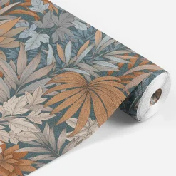 Papier peint vinyle intissé Allure Lutece mat et satiné feuilles bleu, cuivre, rouge, or l.1005 x l.53 cm