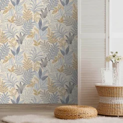 Papier peint vinyle intissé Allure Lutece mat et satiné feuilles beige, bleu, or, jaune l.1005 x l.53 cm