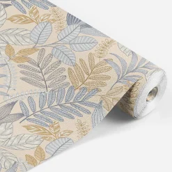 Papier peint vinyle intissé Allure Lutece mat et satiné feuilles beige, bleu, or, jaune l.1005 x l.53 cm