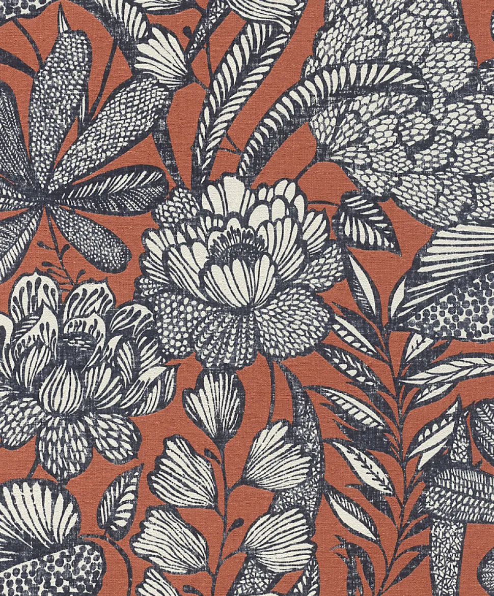 Papier peint vinyle intissé grainé fleuri terracotta L.1005 x l.53cm Rasch