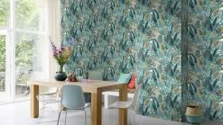 Papier peint vinyle intissé feuillage tropical bleu L.1001 x l.53cm Rasch, Amazonia