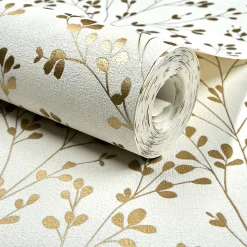 Papier peint vinyle intissé feuillage Omura doré, blanc L.1005 x l.53cm Grandeco