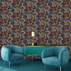 Papier peint vinyle intissé Sejours & Chambres Lutece mat et satiné feuilles bleu, orange, rouge l.1005 x l.53 cm