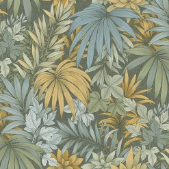 Papier peint vinyle intissé Allure Lutece mat et satiné feuilles vert, bleu, orange, ocre, jaune l.1005 x l.53 cm