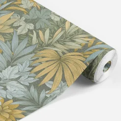 Papier peint vinyle intissé Allure Lutece mat et satiné feuilles vert, bleu, orange, ocre, jaune l.1005 x l.53 cm