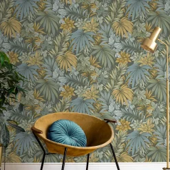 Papier peint vinyle intissé Allure Lutece mat et satiné feuilles vert, bleu, orange, ocre, jaune l.1005 x l.53 cm