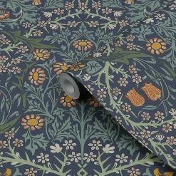 Papier vinyle intissé fleuri, fleurs de prunellier bleu L.1000 x l.52 cm William Morris Blackstorn