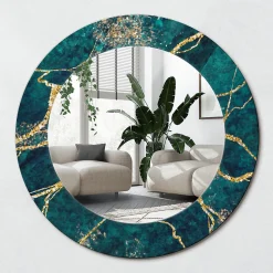 Petit Miroir Rond Cadre Verre Wallfluent fi50 cm Marbre Vert Décoration Murale Premium Sécurisé