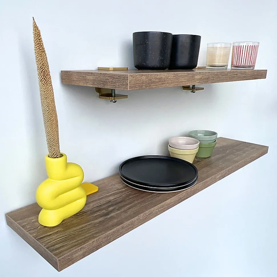 Petite étagère murale stratifiée DECO-GEM, décor chêne vieilli, L.60 x P.20 cm Ep.28 mm, supports muraux acier noir