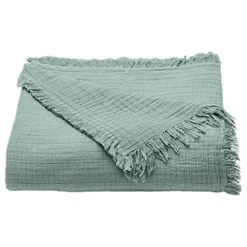 Plaid à franges "Brehat" Gaze de Coton stonewashed Toison d'or - Brehat Lichen