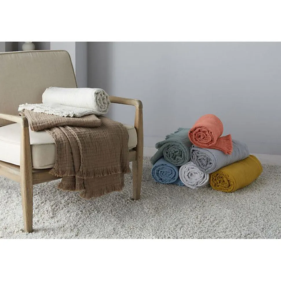 Plaid à franges "Brehat" Gaze de Coton stonewashed Toison d'or - Brehat Lichen