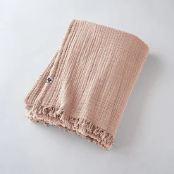 Plaid à franges "Gaïa" toutes dimensions "Gaze de Coton" - Gaïa Guimauve - 180 x 220 cm