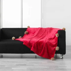 Plaid à pompons doux - 150 x 125 cm - Rouge