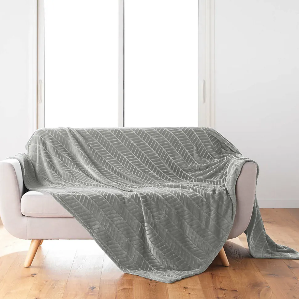 Plaid 180 x 220 cm en flanelle relief uni Modèle ARYA Coloris Gris