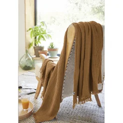 Plaid 130 x 160 cm en quadruple gaze de coton camel - PEPA 1