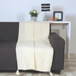 Plaid coton recyclé écru avec pompons L.180 x l.130cm Dylrev