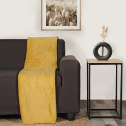 Plaid en Flanelle à Motif reliefé géométrique, 130x170cm, Ocre, Dylrev