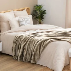 Plaid flanelle Ollis beige lin 260x240cm - Atmosphera