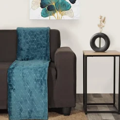 Plaid Polaire à Motif reliefé géométrique, 220x240cm, Bleu canard, Dylrev