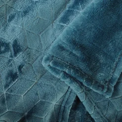 Plaid Polaire à Motif reliefé géométrique, 220x240cm, Bleu canard, Dylrev