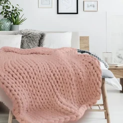 Plaid tricoté grosse maille 120x150 cm CHUNKY Rose