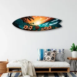 Planche de surf décorative, impression sur alu-dibond, déco murale, Planche de surf décorative paysage marin, 100x30 cm