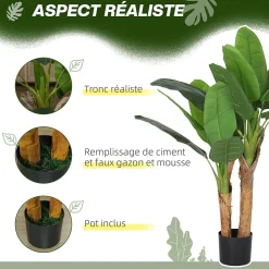 Plante artificielle bananier H.120 cm - grand réalisme - 15 feuilles - mousse effet lichen pots inclus