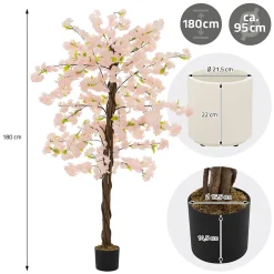 Plante artificielle cerisier ML-Design 180 cm en plastique avec pot pour intérieur et extérieur