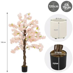 Plante artificielle cerisier ML-Design 120 cm en plastique avec pot pour intérieur et extérieur