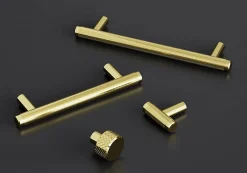 Poignée de meuble en T GoodHome Irus acier effet laiton satin doré l.168mm x l.12mm x H. 35mm entraxe 128mm
