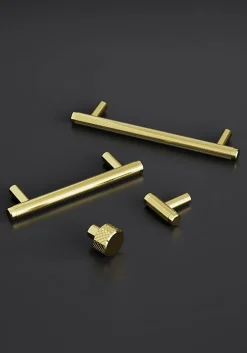 Poignée de meuble en T GoodHome Irus acier effet laiton satin doré l.136mm x l.12mm x H. 35mm entraxe 96mm