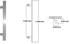 Poignée de tirage - inclinée 60 - Rectangle 40x10 mm - Entraxe350 - S55 -A62 - L500 mm - INOX 304 satiné