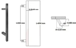 Poignée de tirage Carrée 30x30 mm - Entraxe500 - S90 - A75 - L650 mm - incliné 45 - INOX 304 poli