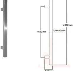 Poignée de tirage Carrée 30x30 mm - Entraxe500 - S75 - L650 mm - INOX 304 Laqué RAL 9005 Noir Mat