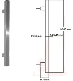 Poignée de tirage Carrée 25x25 mm - Entraxe350 - S70 - L500 mm - INOX 304 Laqué RAL 9005 Noir Mat