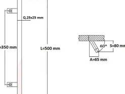 Poignée de tirage Carrée 25x25 mm - Entraxe350 - S80 - A65 - L500 mm - incliné 60 - INOX 304 Laqué RAL 9005 Noir Mat
