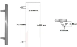 Poignée de tirage Carrée 25x25 mm - Entraxe350 - S80 - A65 - L500 mm - incliné 60 - INOX 304 Laqué RAL 9005 Noir Mat