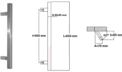 Poignée de tirage Carrée 30x30 mm - Entraxe500 - S85 - A70 - L650 mm - incliné 60 - INOX 304 Laqué RAL 9005 Noir Mat