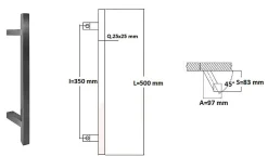 Poignée de tirage Carrée 25x25 mm - Entraxe350 - S85 - A70 - L500 mm - incliné 45 - INOX 304 Laqué RAL 9005 Noir Mat