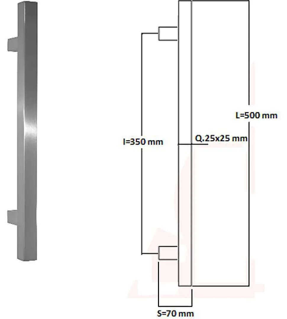 Poignée de tirage Carrée 25x25 mm - Entraxe350 - S70 - L500 mm - INOX 304 poli