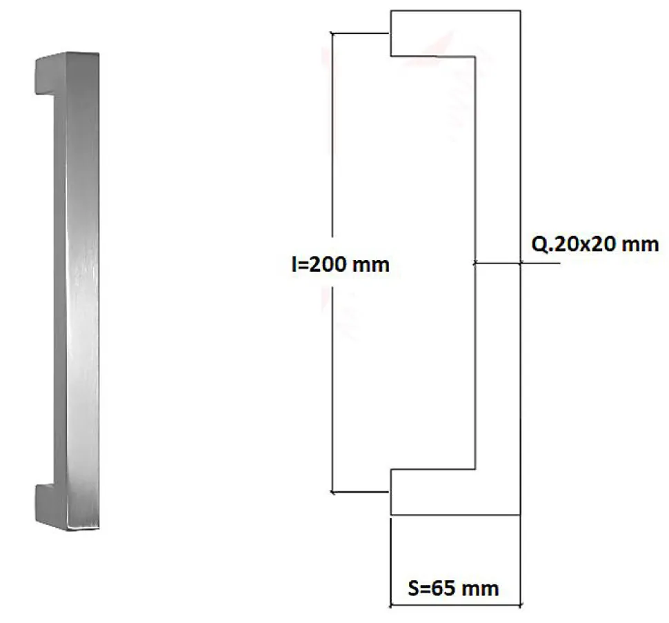 Poignée de tirage Carrée 20x20 mm - Entraxe200 mm - INOX 304 Laqué RAL 9005 Noir Mat
