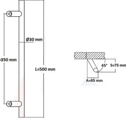 Poignée de tirage Diamètre 30 mm - Entraxe350 - S80 - A70 - L500 mm - inclinée 45 - INOX 304 Laqué RAL 9005 Noir Mat