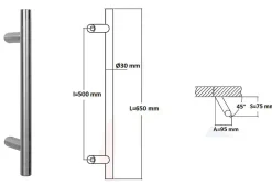 Poignée de tirage Diamètre 30 mm - Entraxe500 - S80 - A70 - L650 mm - inclinée 45 - INOX 304 satiné