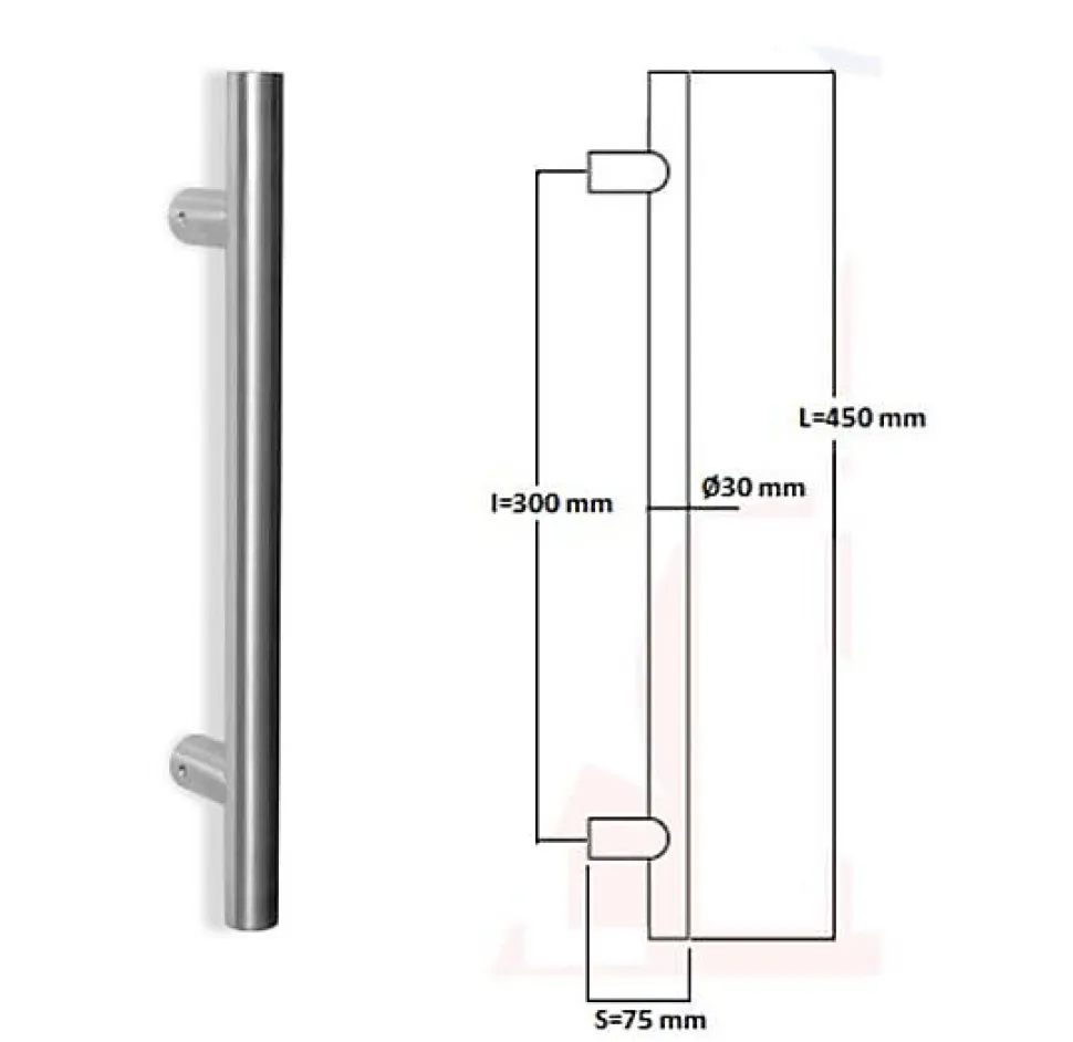 Poignée de tirage Diamètre 30 mm - Entraxe300 - S75 - L450 mm - INOX 304 satiné