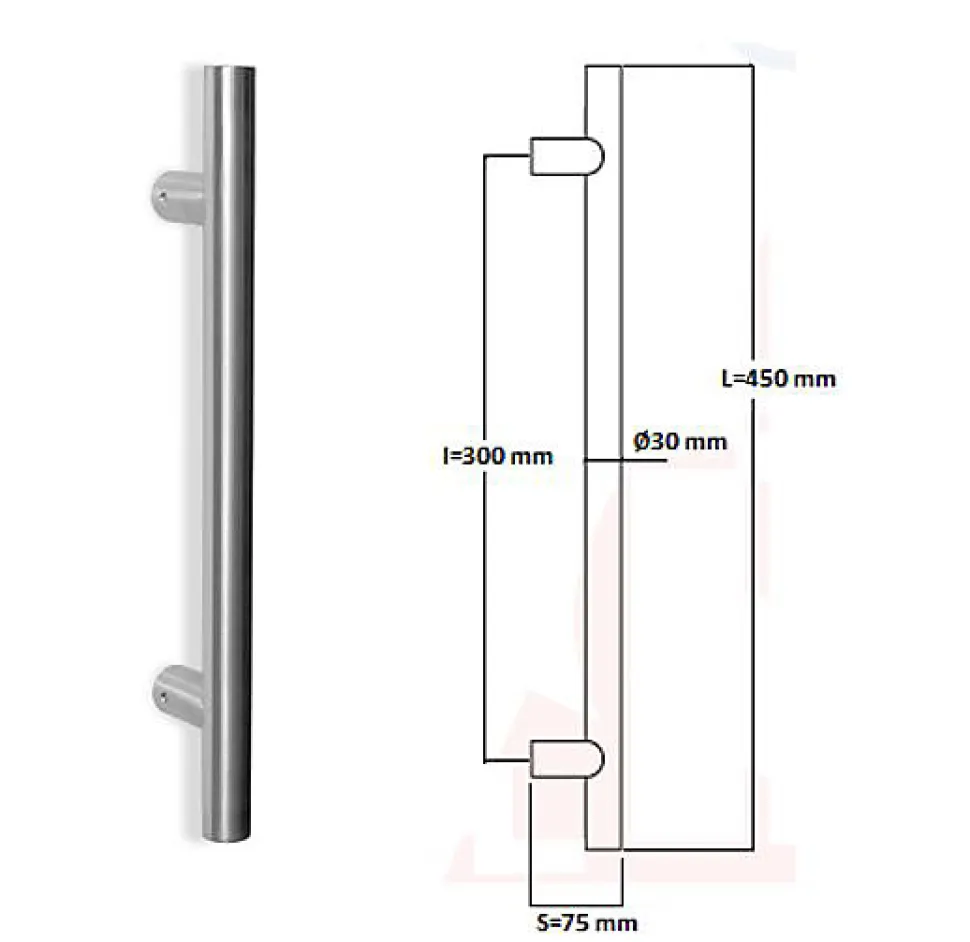Poignée de tirage Diamètre 30 mm - Entraxe300 - S75 - L450 mm - INOX 304 poli