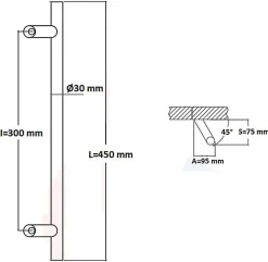 Poignée de tirage Diamètre 30 mm - Entraxe300 - S80 - A70 - L450 mm - inclinée 45 - INOX 304 Laqué RAL 9005 Noir Mat